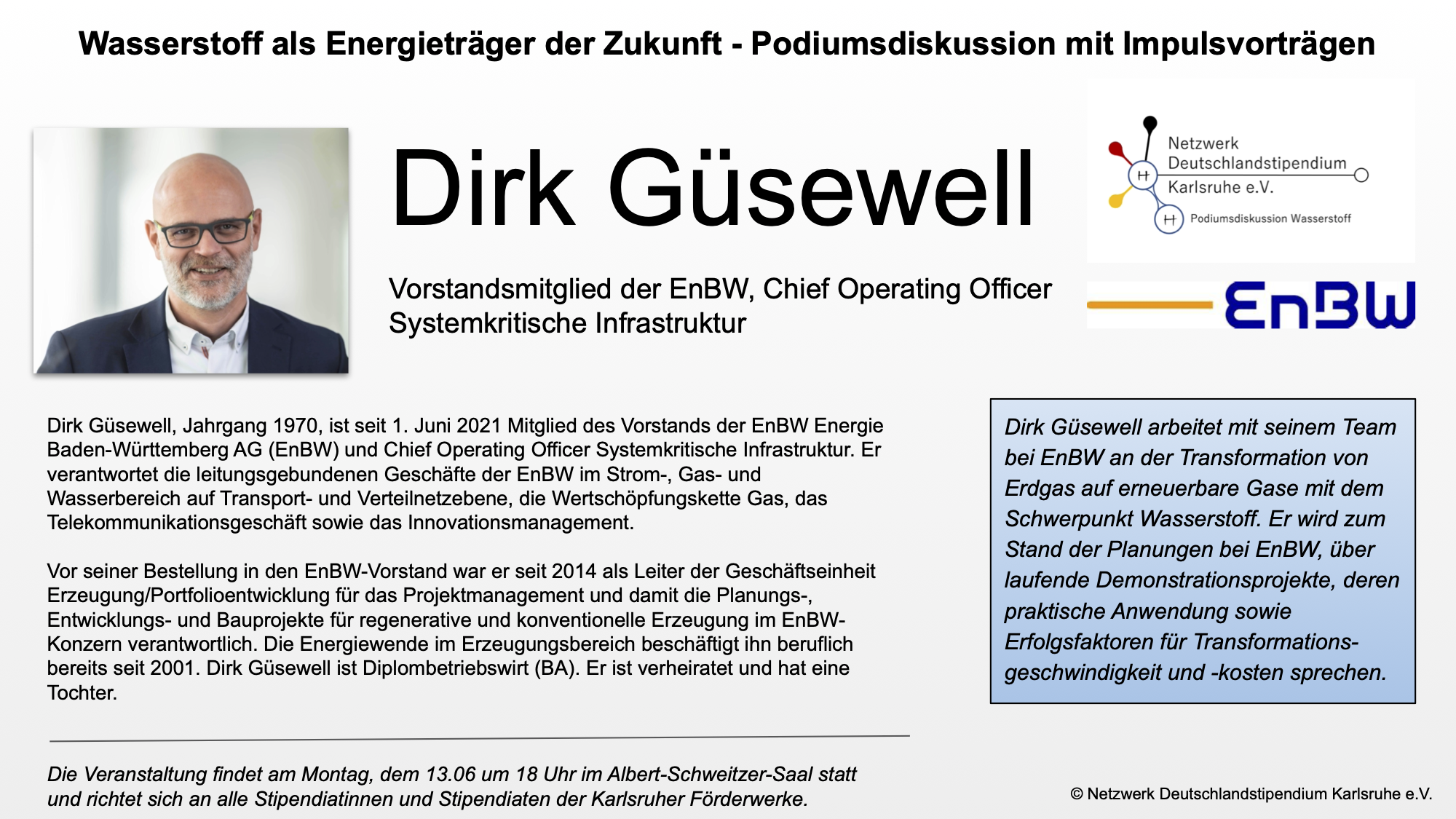 Podiumsdiskussion Wasserstoff - mit Herrn Güsewell (EnBW) ist der erste Referent bekannt